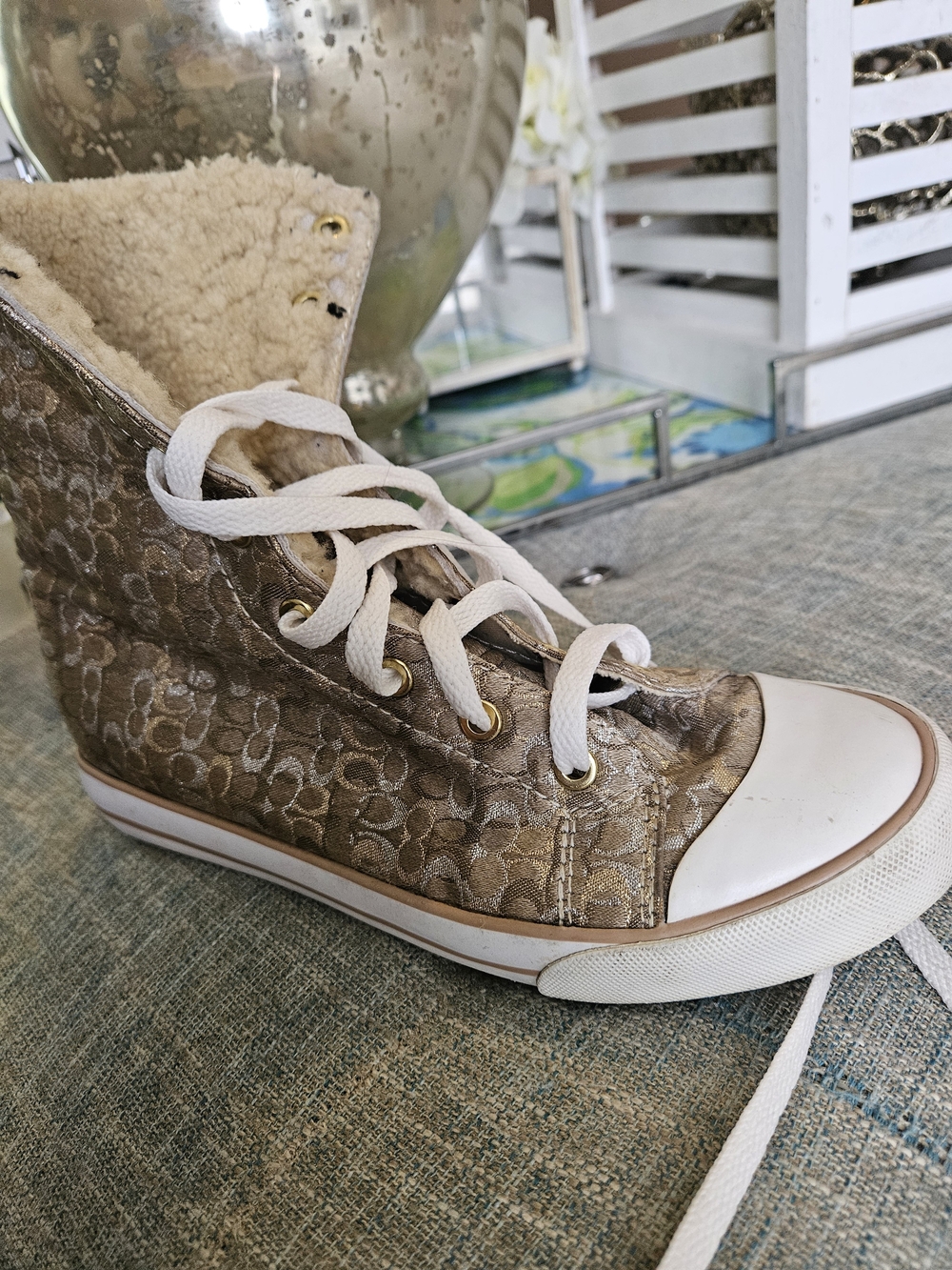 Coach Metallic Gold Monogram High-Top Sneaker with Shearling Collar